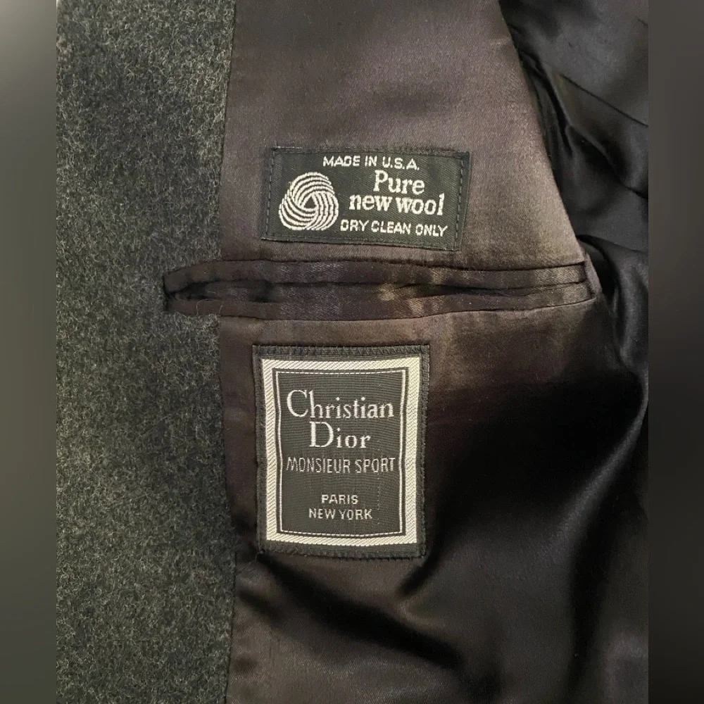 VINTAGE Christian Dior Charcoal‎ Heather Pure New Wool Trench Coat Overcoat L